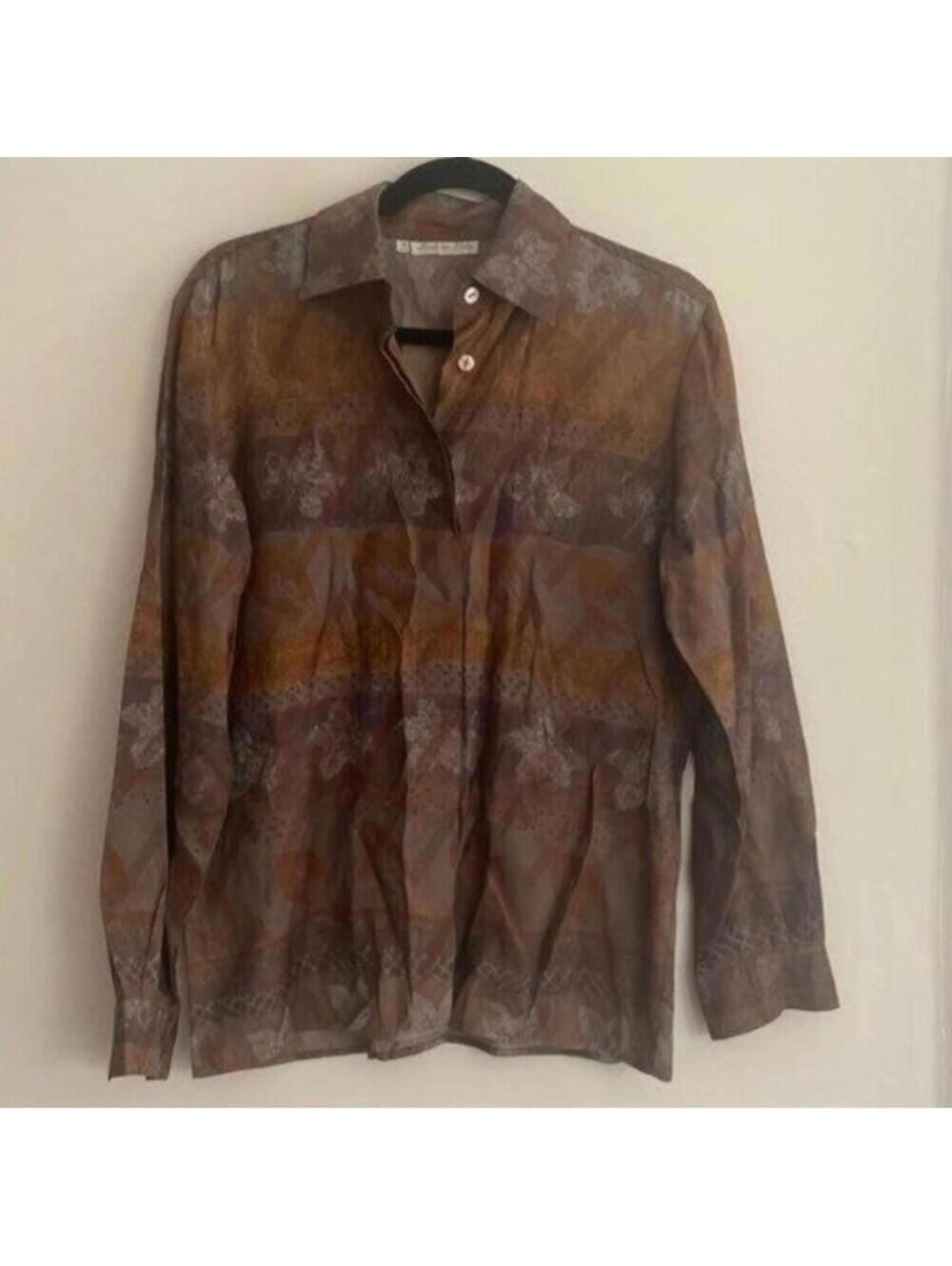 Made in Italy Vintage Brown Leaf Boho Long Sleeve Button Down Blouse Shirt